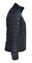 A black puffer jacket with a zip and standing collar, featuring a sleek, quilted design and a logo.