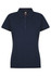 A navy polo shirt featuring a collar and three buttons, designed for women's wear. It includes a branding logo.