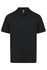 A black polo shirt with a collared neckline and three-button placket, featuring a logo on the chest.