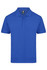 A blue polo shirt featuring a collar, short sleeves, and a three-button placket, with a logo on the label.
