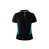 A black polo shirt with turquoise accents and a logo. It features a collar and button placket.
