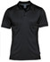 A black polo shirt featuring a collar and short sleeves, with a logo on the front.