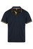A navy polo shirt with yellow accents on the collar and sleeves, featuring a logo.