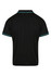 A black polo shirt featuring contrasting coloured detailing on the collar and sleeves. It has a logo on the chest.