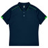 A navy polo shirt with green accents, featuring a classic collar and three buttons. It has a logo on the upper left side.