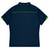 A navy polo shirt with green accents and a logo on the back, designed for sports uniforms.
