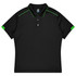 A black polo shirt with green accents and a collar, designed for kids' sports uniforms. It features a logo.