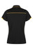 A black polo shirt featuring yellow accents and a logo on the back.