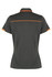 A back view of a dark grey polo shirt with orange detailing and a logo.