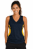A navy blue singlet featuring yellow side panels and a V-neck design, modelled by a smiling woman.