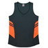 A dark green singlet with orange side panels and a v-neck design, featuring a logo on the label.