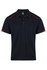 A navy polo shirt featuring red accents and a collar, with a logo on the chest.