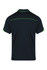 A navy polo shirt featuring green accents, with a simple design and a branded logo.