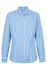 A blue and white checked long sleeve button-up shirt with a collar and a logo.