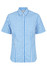 A short sleeve button-up shirt featuring a blue and white check pattern and a logo on the chest.