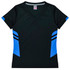 A black women's t-shirt with blue accents and a V-neck design, featuring brand logos.