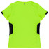 A bright yellow T-shirt featuring black side panels and a logo. Designed for women's wear, suitable for various activities.