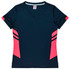 A dark navy T-shirt with pink accents and a V-neck design. The shirt includes a logo on the front.