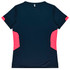 A navy blue t-shirt with pink accents on the sides and a logo at the back.