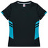 A black and teal v-neck t-shirt featuring contrasting side panels and a logo. Suitable for casual wear or sports.