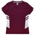 A maroon women's T-shirt featuring white side stripes and a V-neck design. It includes a logo.