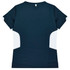 A dark navy T-shirt featuring white side panels and a simple design. It has a branding logo on the back.