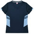 A navy and light blue v-neck t-shirt featuring contrasting side panels and a logo.