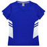 A blue women's T-shirt with white accents and a V-neck design. It features stripes on the sides and has a logo.