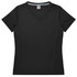 A black v-neck women's t-shirt with textured side panels and a logo. Suitable for casual or active wear.