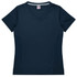A navy blue short-sleeve women's t-shirt featuring a V-neck and side panel detailing. It includes a brand logo.