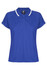 A blue polo shirt with short sleeves, contrasting white trim, and a collar. It features a logo on the branding tag.