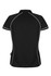 A black polo shirt featuring white piping, designed for women, with a logo.