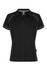 A black polo shirt featuring contrasting piping and a logo. Designed for women's wear with a classic fit.