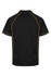 A black polo shirt with yellow accents and a logo, featuring a classic collar and short sleeves.