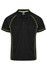 A black polo shirt with lime green piping and a logo on the chest area.