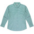 A green and white check button-up long sleeve shirt with a collar. It features a branding logo.