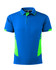 A blue men's polo shirt with green accents, featuring a collar and a logo.