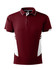 A maroon polo shirt with white side accents and a collar, featuring a logo on the front.