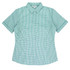 A short-sleeve button-up shirt in green and white gingham pattern, featuring a collar and a fitted design.