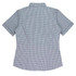 A short-sleeve, button-up shirt in a blue and white checkered pattern, featuring a standard collar and a fitted design.