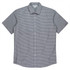 A short-sleeve button-up shirt in a black and white checkered pattern, featuring a collar and button closure.