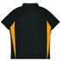 A dark green polo shirt with yellow side panels and a collar, featuring a logo on the front.