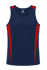 A navy blue singlet featuring red side stripes and a logo on the front.