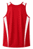 A red men's singlet with white detailing on the sides and a logo on the back.