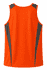 An orange singlet with grey side panels and a logo on the back. Suitable for active wear.