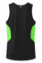 A black singlet with vibrant green side panels, featuring a logo on the back.