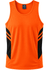 An orange singlet featuring black side accents and a logo on the chest. Suitable for casual or active wear.
