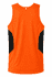 An orange singlet featuring black side panels and a logo on the back. Ideal for casual or athletic wear.