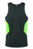 A black singlet with green accents, featuring a branding logo on the back. Suitable for active wear.