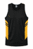 A black singlet featuring yellow side panels, with a logo on the upper left. Designed for men's wear.